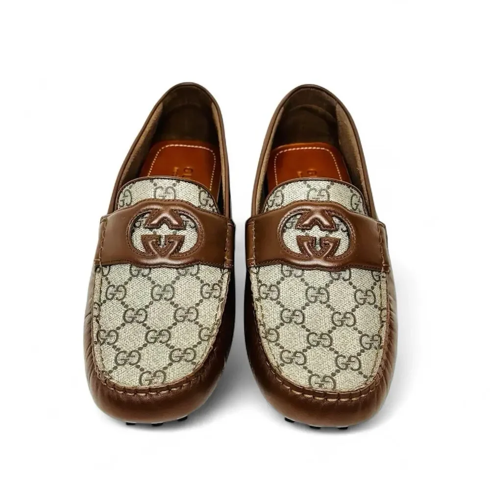 NIB Gucci Men Loafer 8.5 US 9 Brown GG Supreme Canvas Leather Driver Moccasins